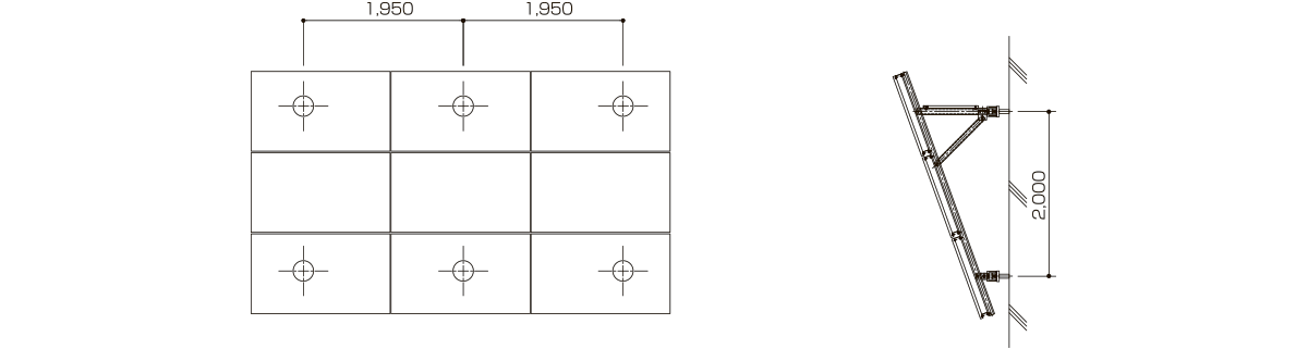2段2列（パネル4枚）傾斜角20度を基本とした1基礎完結型の陸屋根専用のユニット式太陽光架台