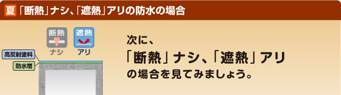 夏：「断熱」ナシ「遮熱」アリの防水の場合