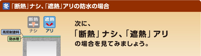 冬：「断熱」ナシ「遮熱」アリの防水の場合