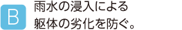 B.雨水の浸入による躯体の劣化を防ぐ。